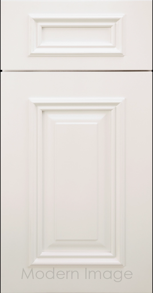 Heritage custom cabinets in a Frost White finish with classic raised panel doors and modern flat slab drawers.